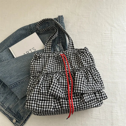 Women's Tote Bag Ruffles Plaid Drawstring Handbag Women Fashion Canvas Shoulder Bags	Large Capacity Korean Bags Bolsos De Mujer