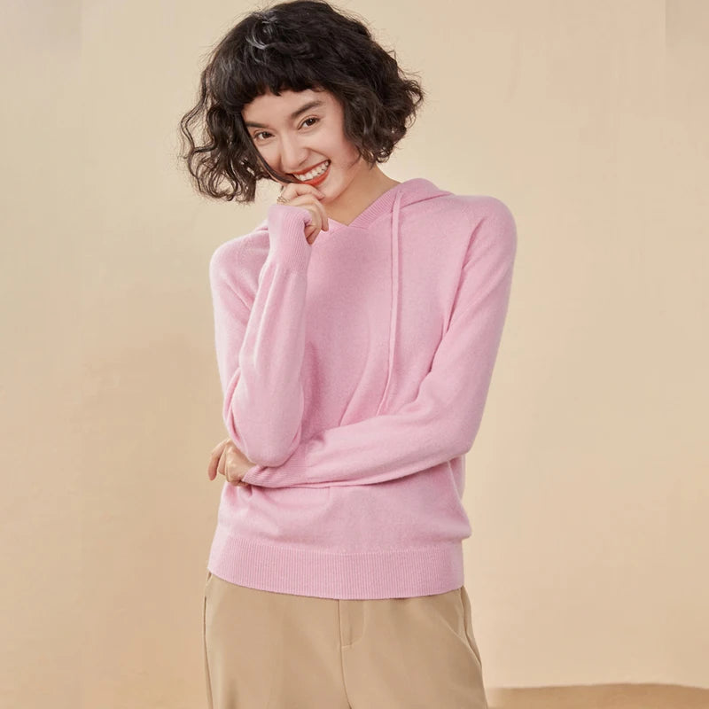 ADDONEE Women Cashmere Hooded Pullover Sweater 100% Cashmere Knitwear Spring Autumn Casual Simple Style Hoodie Clothing Tops