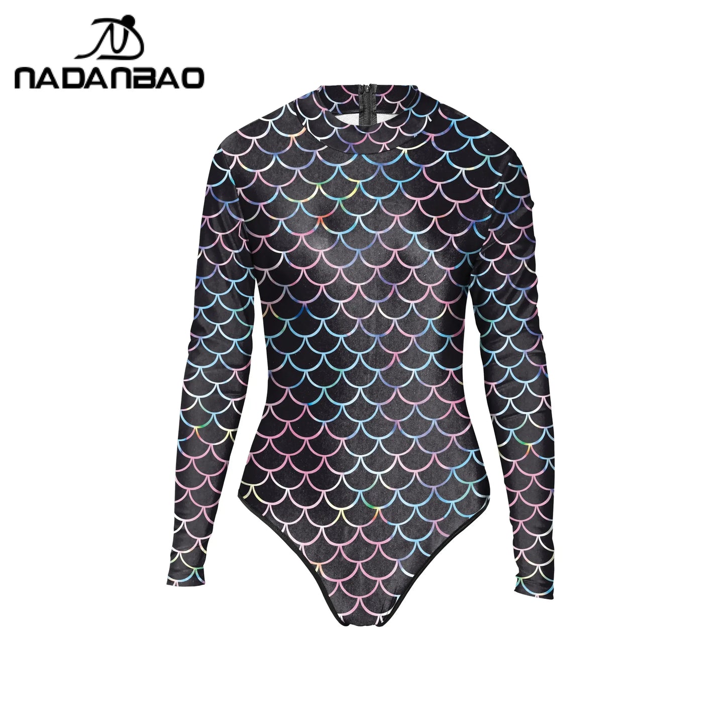 Nadanbao Womens Bodysuits Swimwear Mermaid Two-Piece Suit Fish Scale Print Long Sleeves Cosplay Costume with Stretch Leggings