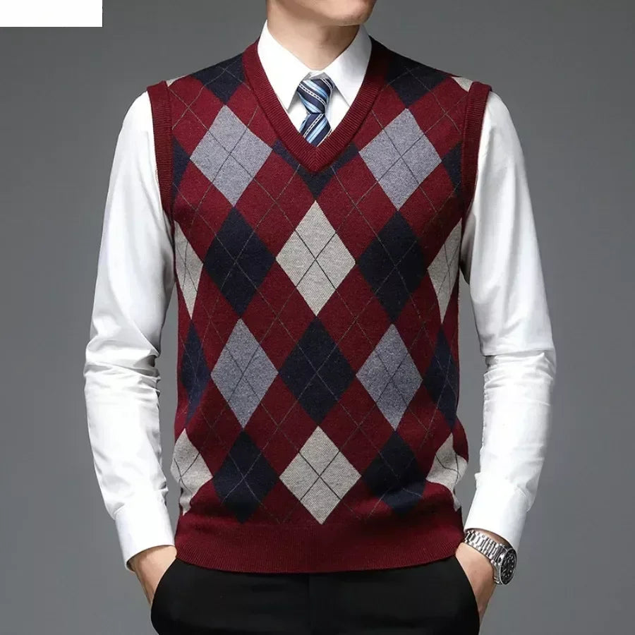 New  Men's Casual Knitted Wool Sweater Vest V-neck Knit Pullover Jacquard Plaid Sleeveless Tops Business Office Men's Vest