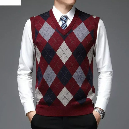 New  Men's Casual Knitted Wool Sweater Vest V-neck Knit Pullover Jacquard Plaid Sleeveless Tops Business Office Men's Vest