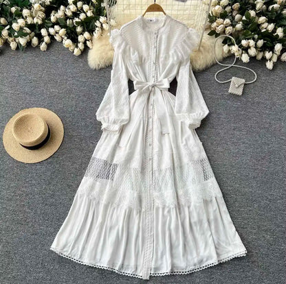 LGRQ For Women's Lace-up Single Breasted Lace Dress Fashion Hollow Out Bead Button Round Neck Dresses 2025 Autumn New Clothing