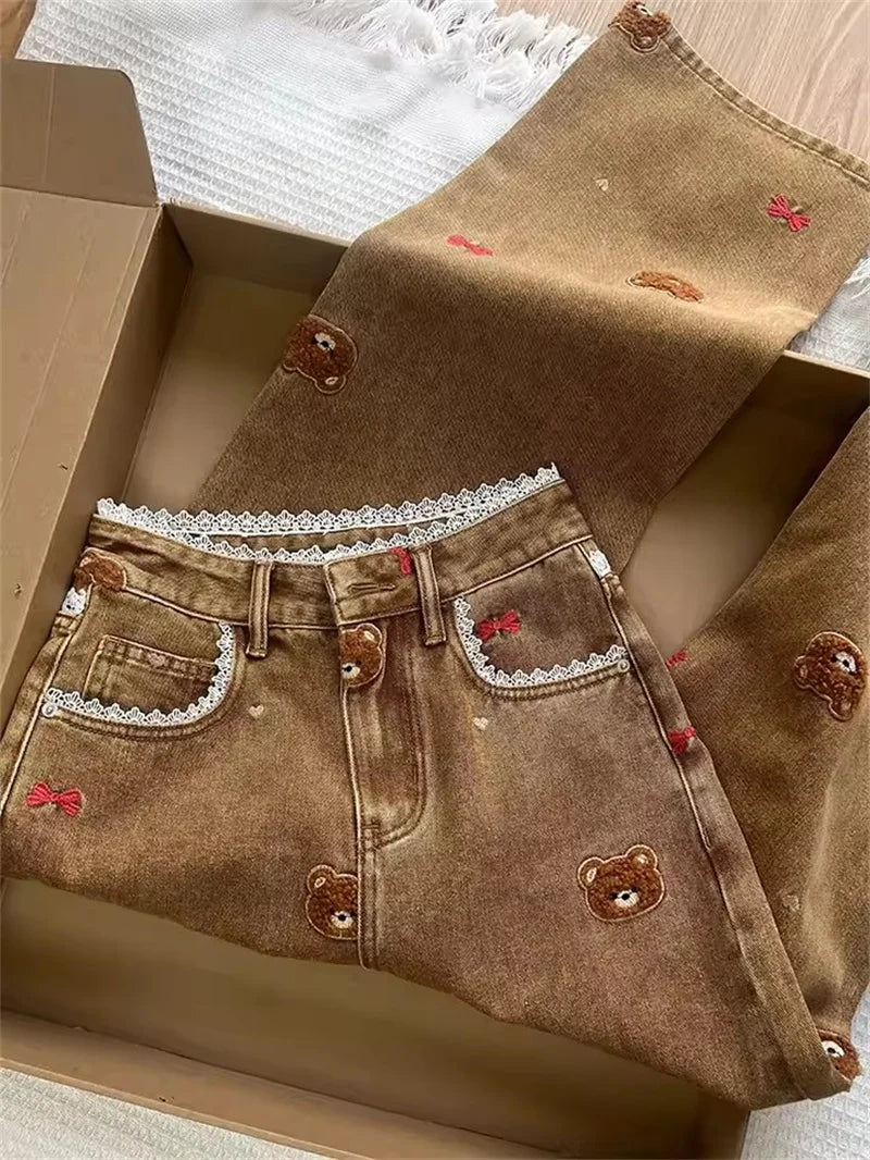 High Waist Patchwork Lace Straight Jeans Spring Embroidery Dog Denim Trousers Women Slim Pipe Pants Cowboy runway Ladies