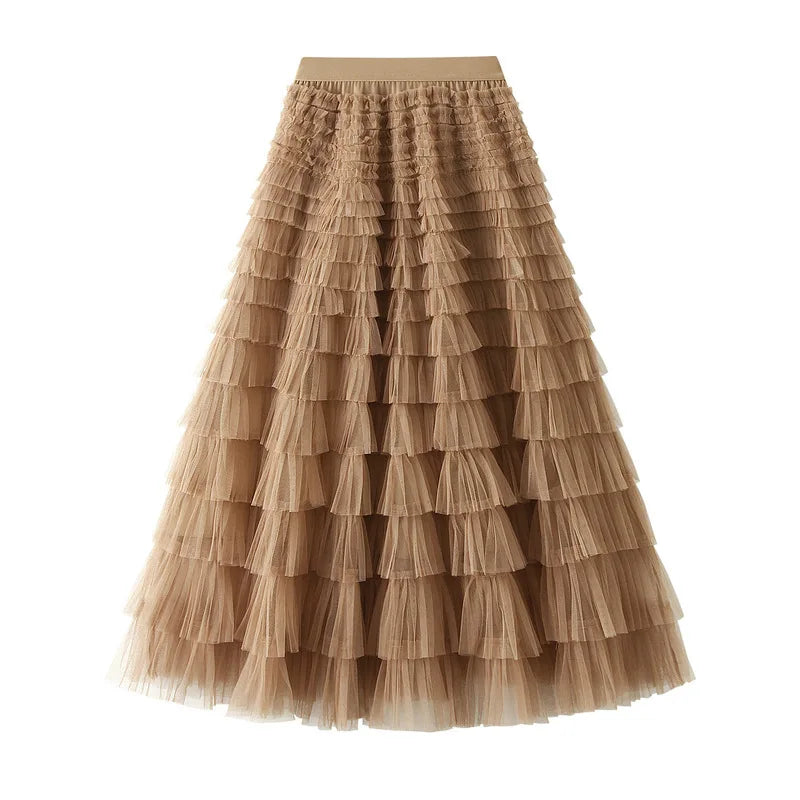 New Arrival 2025 Tulle Cake Long Skirt Women Spring Summer Ruffle Pleated A-Line Chic Skirt Ladies Sweet Black White Tutu Skirts