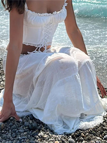 Women Long Skirts Tie-Up High Waist Layered Lace Hem Pleated Skirts Summer Fall Retro Fashion Casual Skirts