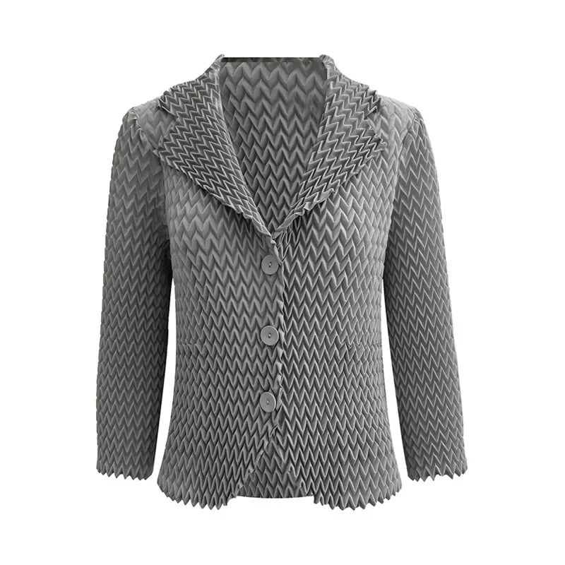 High-end Miyake Solid Color Jacket Wave Pleated Suit Collar Casual Versatile Long-sleeved Short Jacket Female 2024 Autumn New