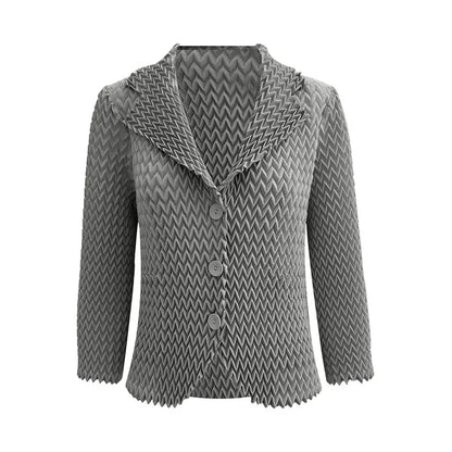 High-end Miyake Solid Color Jacket Wave Pleated Suit Collar Casual Versatile Long-sleeved Short Jacket Female 2024 Autumn New