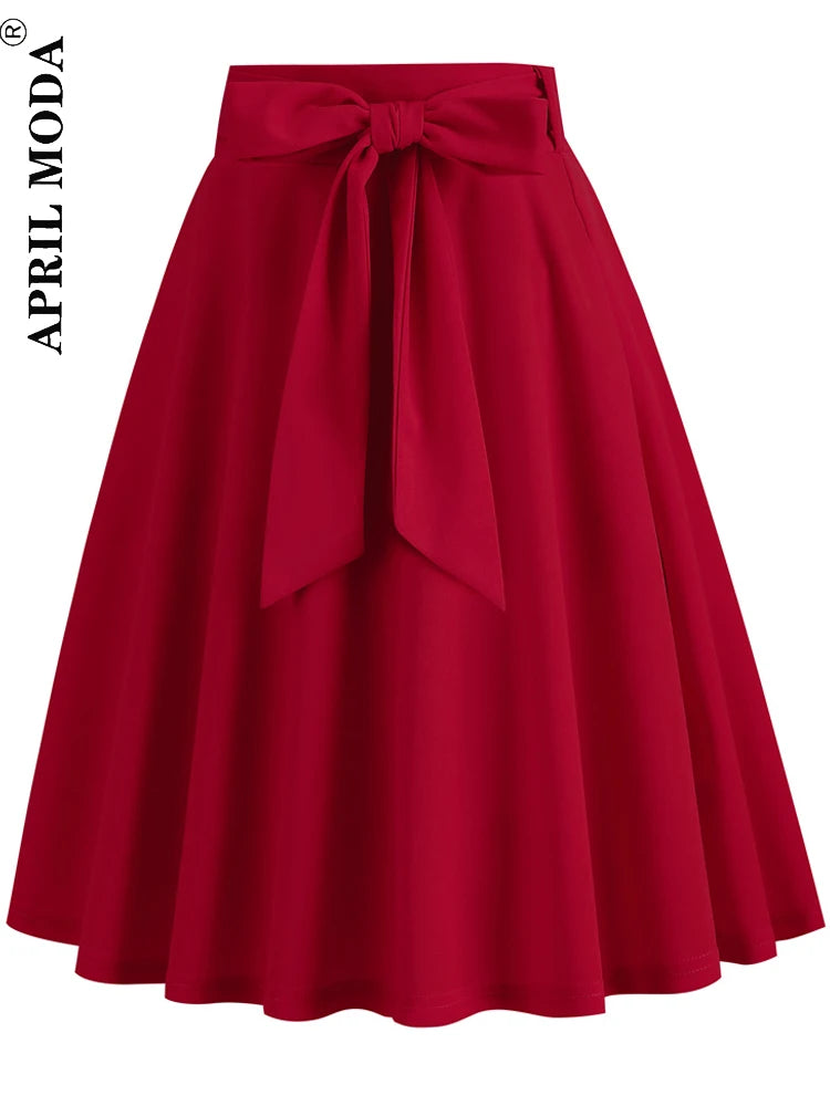 Red Women's High Waist A-Line Pockets Skirt Casual Summer Flared Midi Skirt 1950s Retro Swing Pinup Skirt Office Lady Workwear