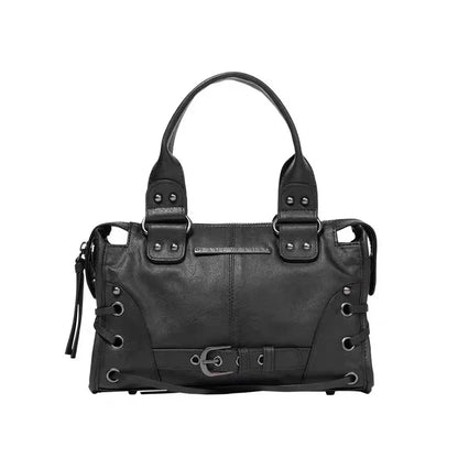 Korean brand FANCY CLUB: Large Capacity Retro Fancyclub Tote Bag with Rivets and Straps – A Motorcycle-Style Bag for Women.