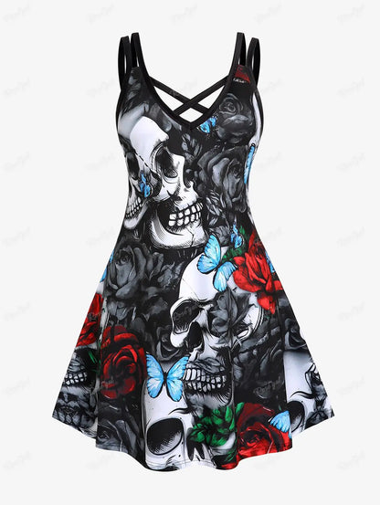 ROSEGAL Halloween 3D Printed Dresses Plus Size Crisscross Skull Print Dress Summer Casual Sleeveless Vestidos 5XL