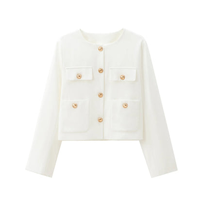 Fall Hot Sale Of The Season New Pure Color Short Coat round Neck Single Button Elegant Lady Niche 8630555 Polyester Fiber Full S