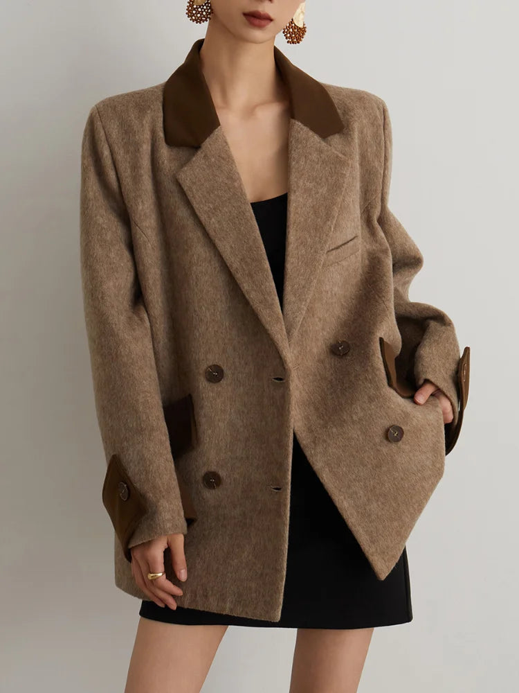 Panelled Patchwork Pockets Woolen Overcoat Women Vintage Turn-down Collar Long Sleeve Double Breasted Coats New Autumn Lady Tops