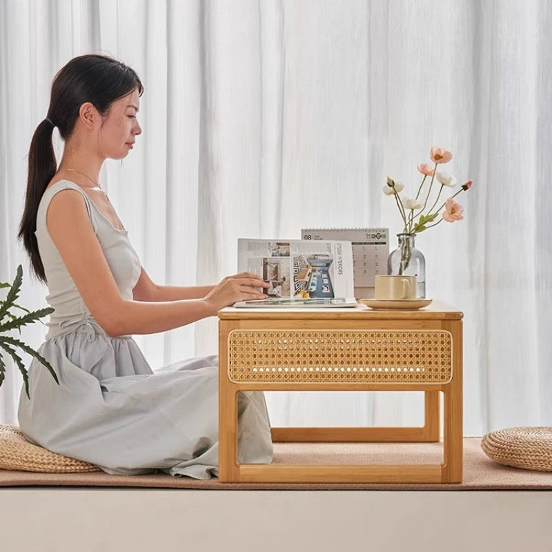 Modern Rattan Bed Desk with Storage Low Style Window Seat Study Multifunctional Sofa Stand for Laptop Coffee Table