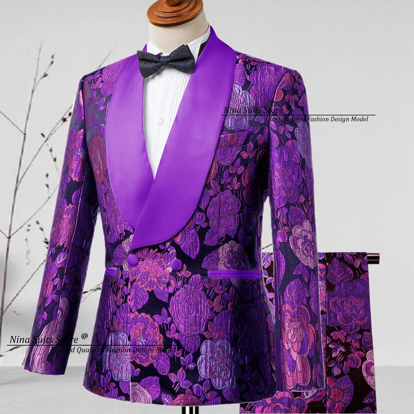 G&N 2025 New Jacquard Suit Men's 2-piece Formal Ball Performance Set Black Satin Collar Purple Rose Red Flower Pattern Costumes