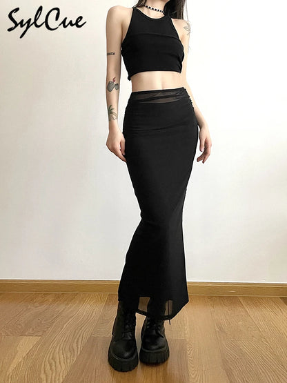 Sylcue Black Simple All-match Casual Commuter Summer Street Travel Cool Youth Vitality Tight Sexy High-elastic Women's Skirt