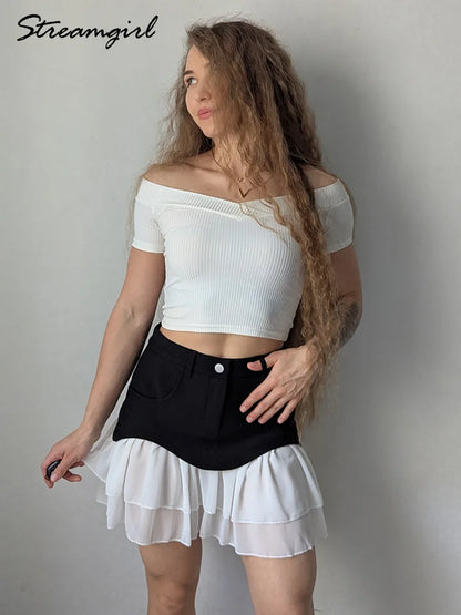 Summer White Patchwork Ruffled Skirts Mini For Women High Waist A Line Flounce Skirt Ladies Pleated Mini Skirts Chiffon Women