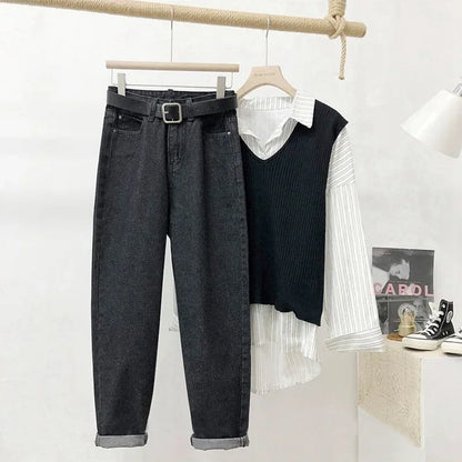 High Waist Harlan Denim Jeans Women Students Straight Leg Loose Slimming Spring Autumn New Style Old Dad Cucumber Trendy