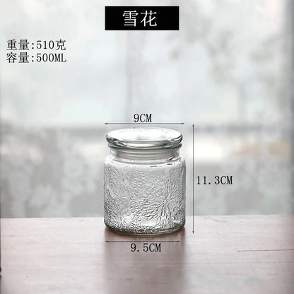 Retro Transparent Glass Sealed Jar Glass Lid Storage Jar Begonia Flower Glass Bottle Candy Storage Jar Kitchen Storage Supplies