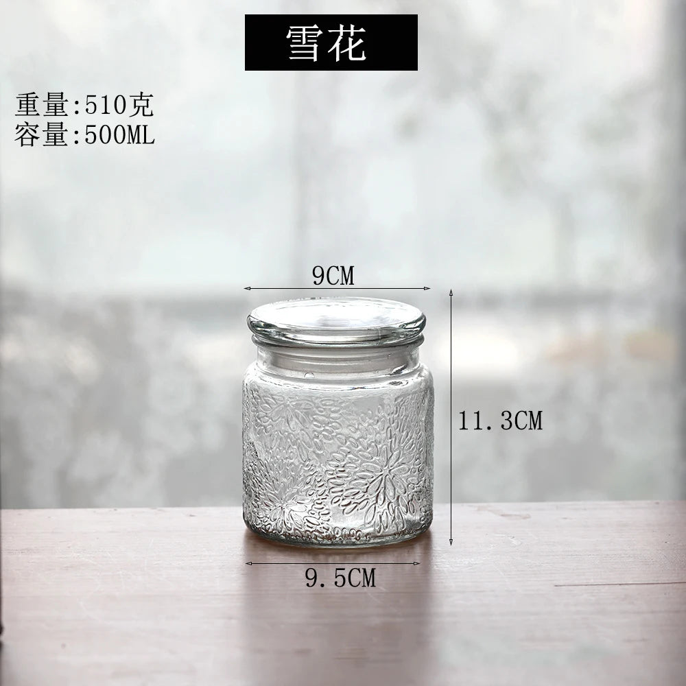 Retro Transparent Glass Sealed Jar Glass Lid Storage Jar Begonia Flower Glass Bottle Candy Storage Jar Kitchen Storage Supplies