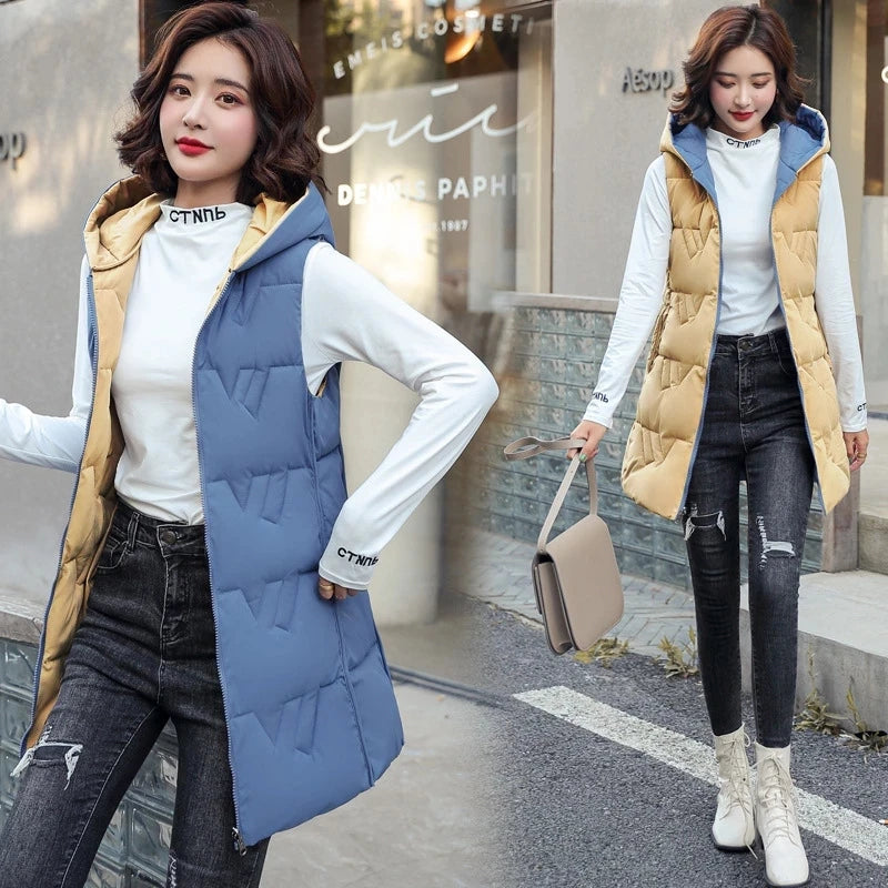 Double Side Vest Korean Slim Hooded Down Cotton Vest Women Waistcoat Sleeveless Jacket 2025 Autumn Winter Jacket Female Coat