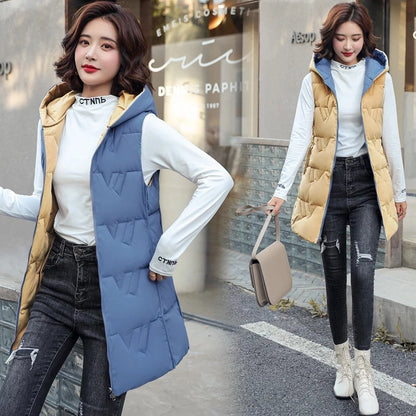 Double Side Vest Korean Slim Hooded Down Cotton Vest Women Waistcoat Sleeveless Jacket 2025 Autumn Winter Jacket Female Coat