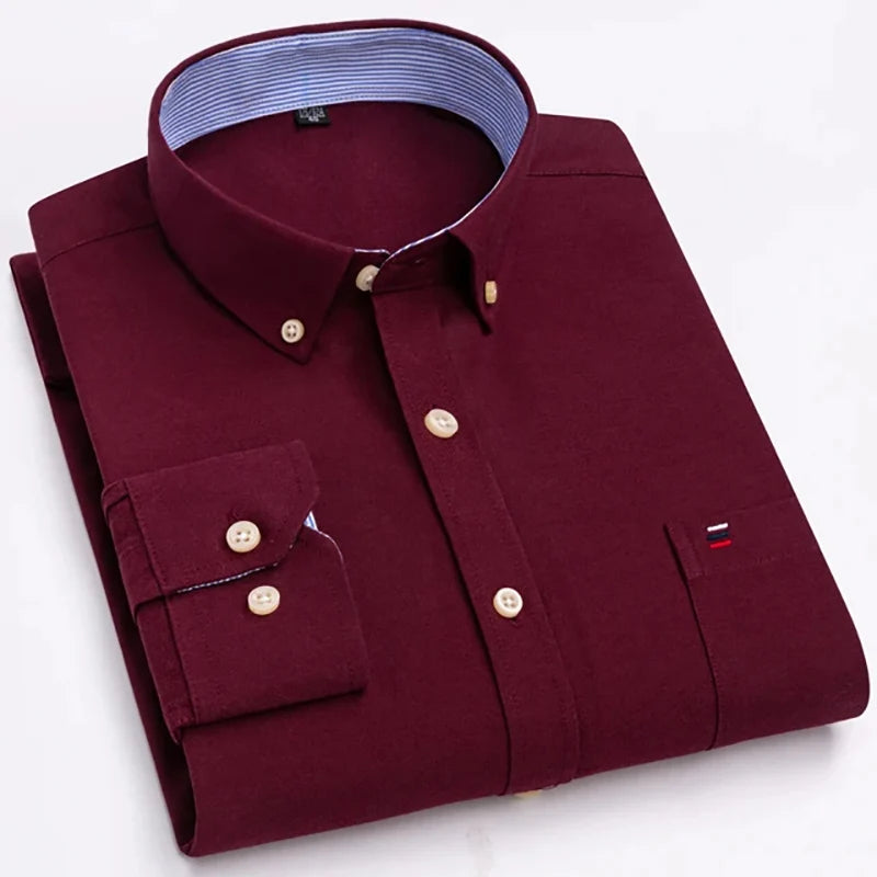 Men's Long Sleeve Oxford Dress Shirt 100% Cotton Plaid Checkered Chest Pocket Button Down Collar Casual Shirts
