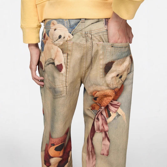 Retro Anime Jeans Y2K Clothing Mens Womens Hip Hop Anime Character Graphic Print Blue Baggy Jeans Casual Trousers