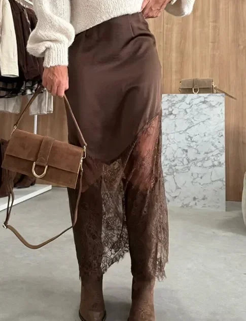 Patchwork Lace Maxi Skirt Women Chic Solid Waist Cinching Hollow Out Long Loose Bottoms Lady Party Daily Street Outerwear New