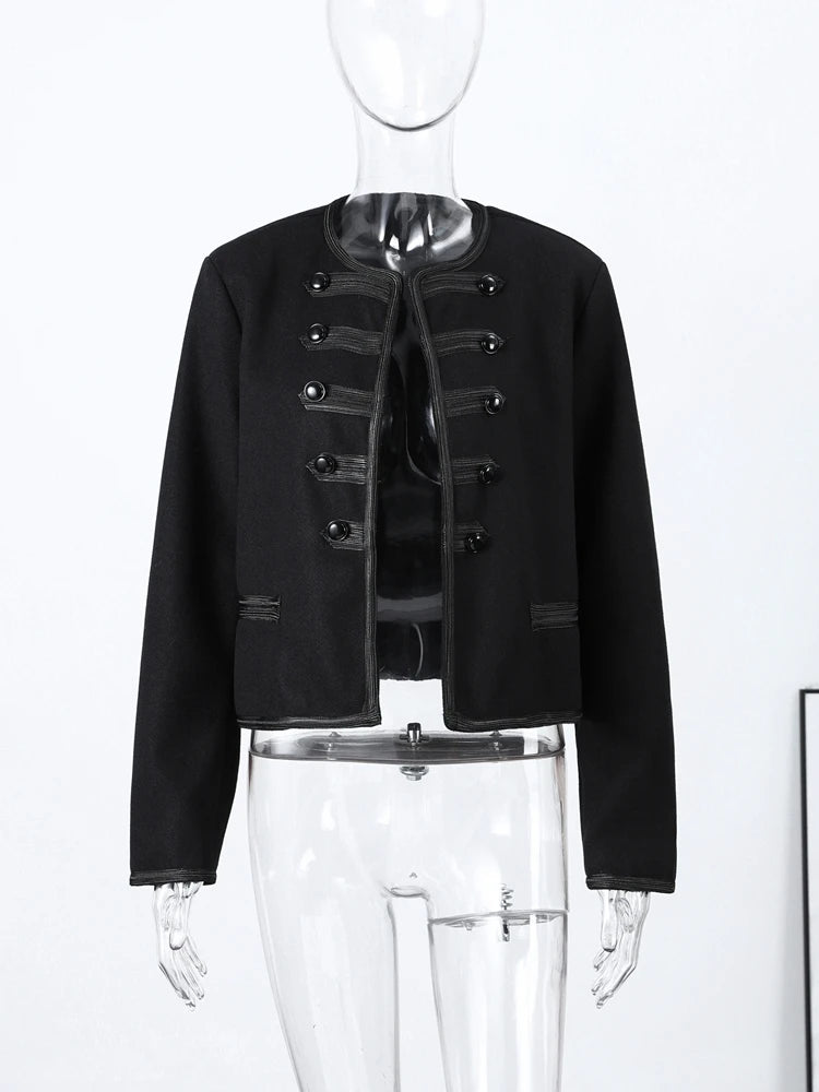 Fashion Chic Napoleon Cropped Jacket Women O-neck Long Sleeve Black Short Coats 2026 Spring Elegant Lady Commute Outerwear