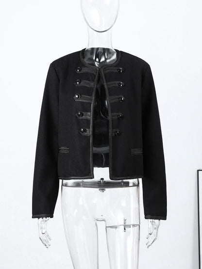 Fashion Chic Napoleon Cropped Jacket Women O-neck Long Sleeve Black Short Coats 2026 Spring Elegant Lady Commute Outerwear