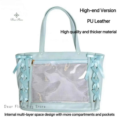 Japanese Sweet Women Ribbon Ita Bag Cute Lolita Girl Transparent Handbags Fashion Large Capacity Tote Bag Aesthetic Shoulder Bag