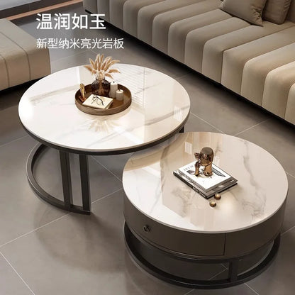 Round edge rock slab coffee table Hakka simple modern small apartment light luxury household small tea table