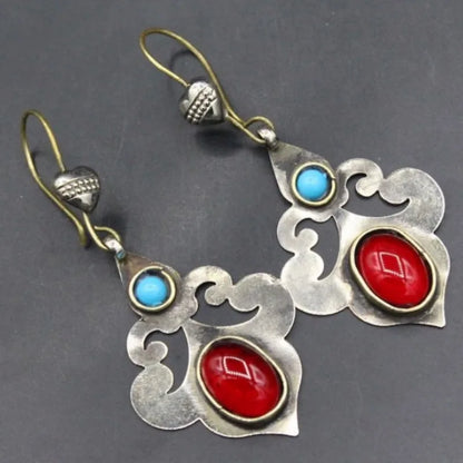 Traditional Earrings, Ethnic Tribal Earrings, Glass Stones, Carved Long Earrings, Heart Shape Earrings,