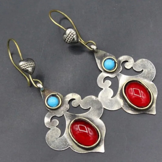 Traditional Earrings, Ethnic Tribal Earrings, Glass Stones, Carved Long Earrings, Heart Shape Earrings,