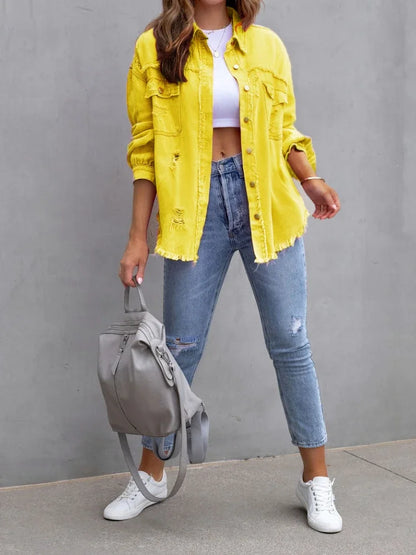 Spring Autumn Denim Women's Jacket Rough Selvedge Ripped Loose Fit Long Sleeve Korean Fashion Female Top