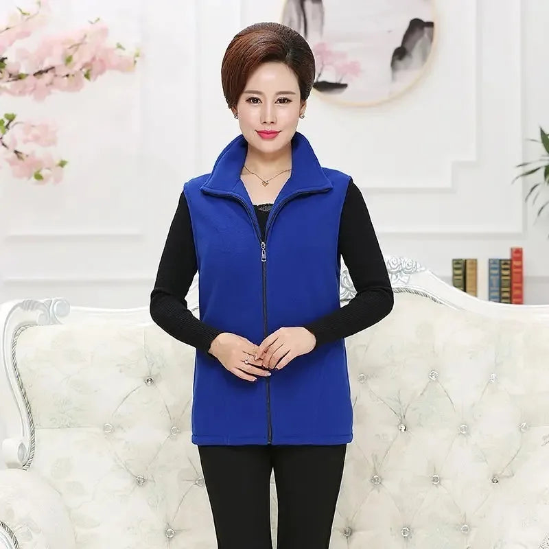 Autumn Winter Women Fashion Stand Up Polar Fleece Vest For Women's Solid Warm Lady Sleeveless Jacket