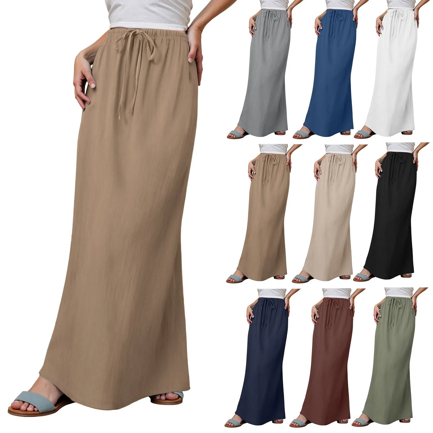 Women Summer Cotton Linen A Line Skirts Elastic Waist Drawstring Comfy Trendy Long Skirt Boho Beach Vacation Long Skirt