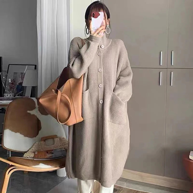 Solid Loose High Neck Women Mid Length Sweater Coat Spring Autumn Korean Single Breasted Casual Long Sleeve Knit Cardigan 6762#