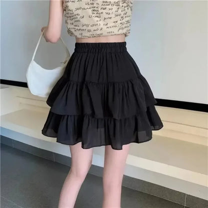 Summer Kawaii White Ruflles Skirt Women Fashion Slim Fit Chiffon Mini Skirts Giris Y2k All Match Elastic High Waist Black Faldas