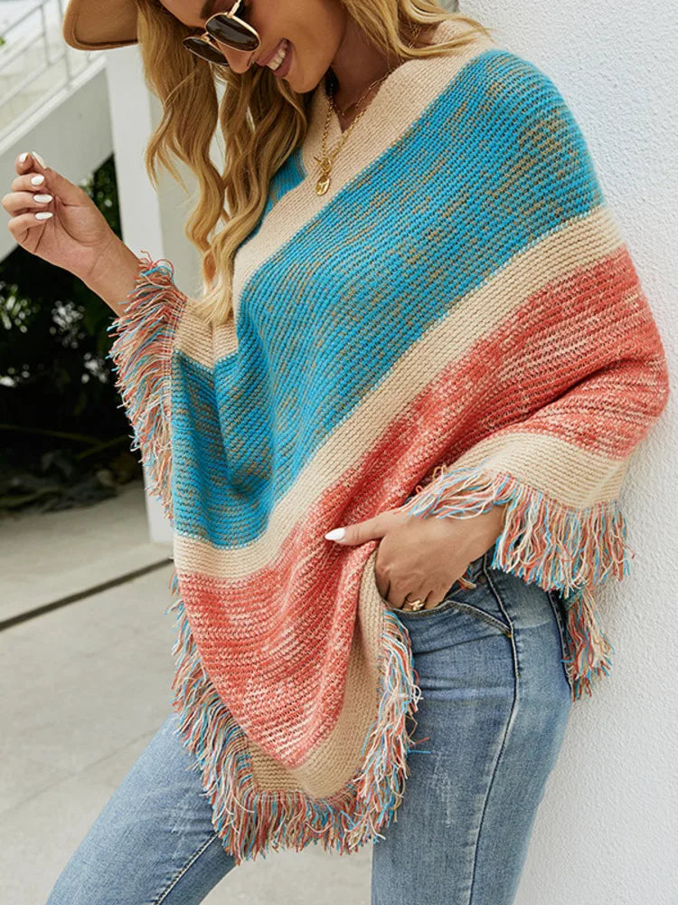 Autumn Winter Batwing Sleeve Rainbow Striped Poncho Women Fashion Sweater Cloak 2025 New Pullover Shawl Female Tassel Cape