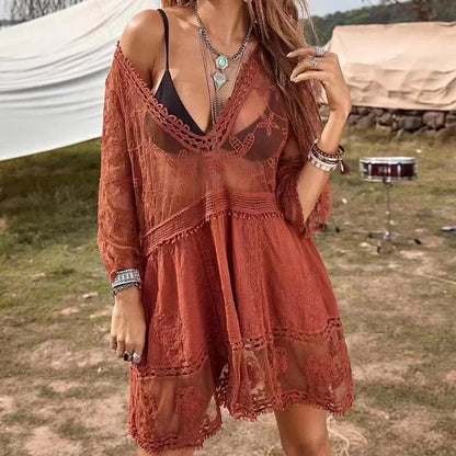 AYUALIN Floral Embroidery Loose Sexy Bikini Tunic Vintage Deep V-neck Boho Lace Cover-Ups Women Summer Mini Robe 2025 Beach Wear