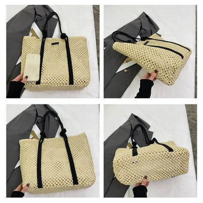 Handmade Straw Woven Bags Large Capacity Zipper Closure Shopping Tote Bag Top-Handle Portable Beach Handbags Travel