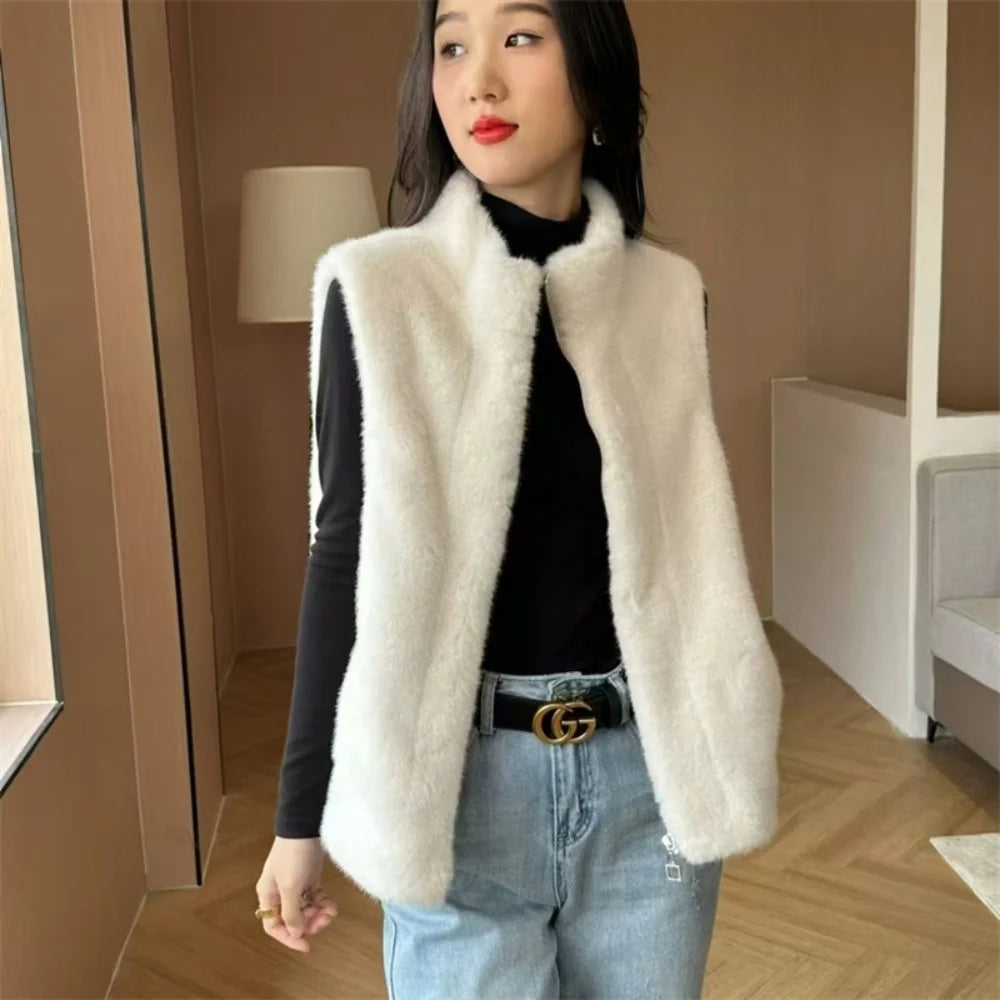 Furs Coat Autumn Winter New Imitation Mink Vest Jacket Female Fashion Western Sleeveless Coat Thick Waistcoat Outwear Women Tops