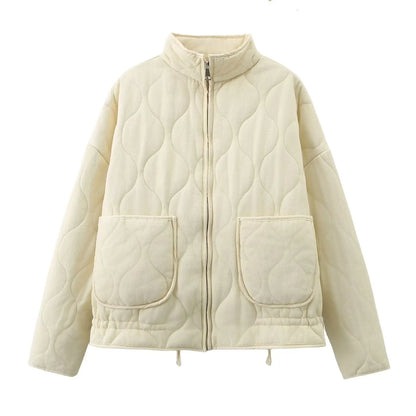Women's Cotton Padded Jacket Winter Long-Sleeved Pocketed Loose Stand Collar Zipper Solid Color Coat Street Style Fash