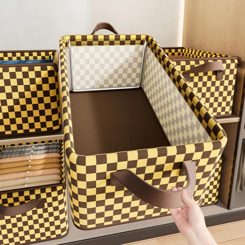 Checkered Fabric Clothing Storage Box - Galvanized Steel Frame - Breathable, Moisture-Proof, Foldable, Home Organizer - With Lid