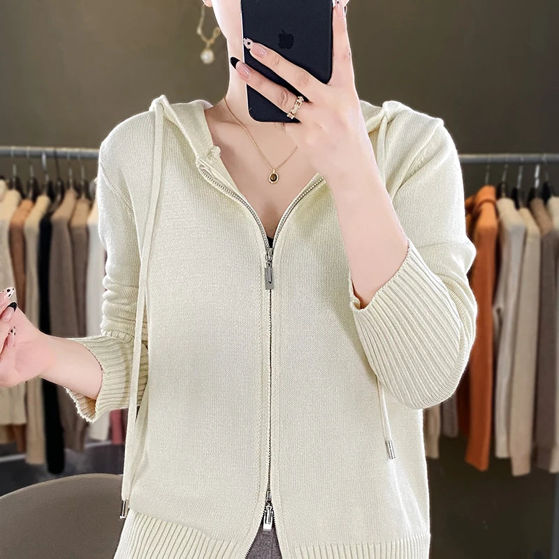 Classic hoodie Women Knitwear 100% All cotton Cardigan Fashion Sweater Long sleeves Double Zipper Style Thick Warm Basics Tops