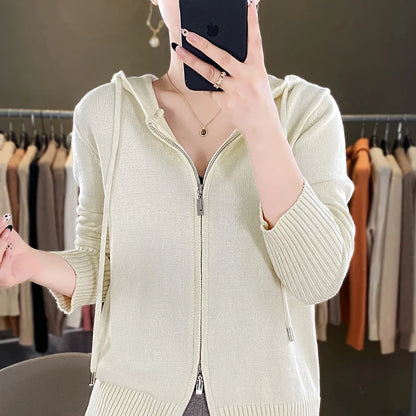 Classic hoodie Women Knitwear 100% All cotton Cardigan Fashion Sweater Long sleeves Double Zipper Style Thick Warm Basics Tops