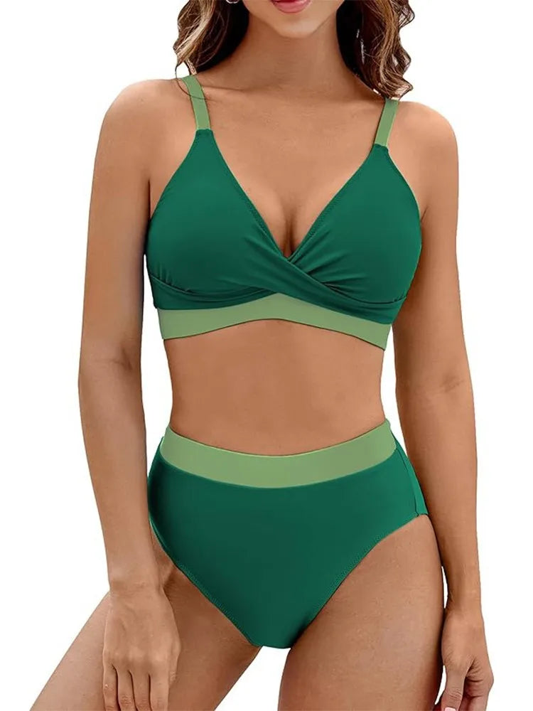 New Sexy High Waist Bikini 2025 Cross Backless Women Swimsuit Solid Tight Beachwear Bikini Set Seaside Sling Pool Swimwear