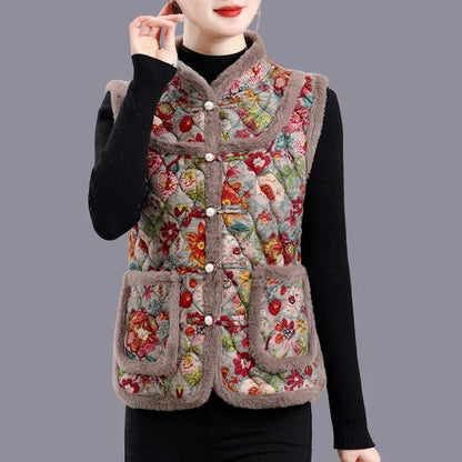 5XL Middle-aged Mother Vest Autumn Winter New Printed Fleece Vest Coat Female Sleeveless Jacket Grandma Thicken Warm Waistcoat