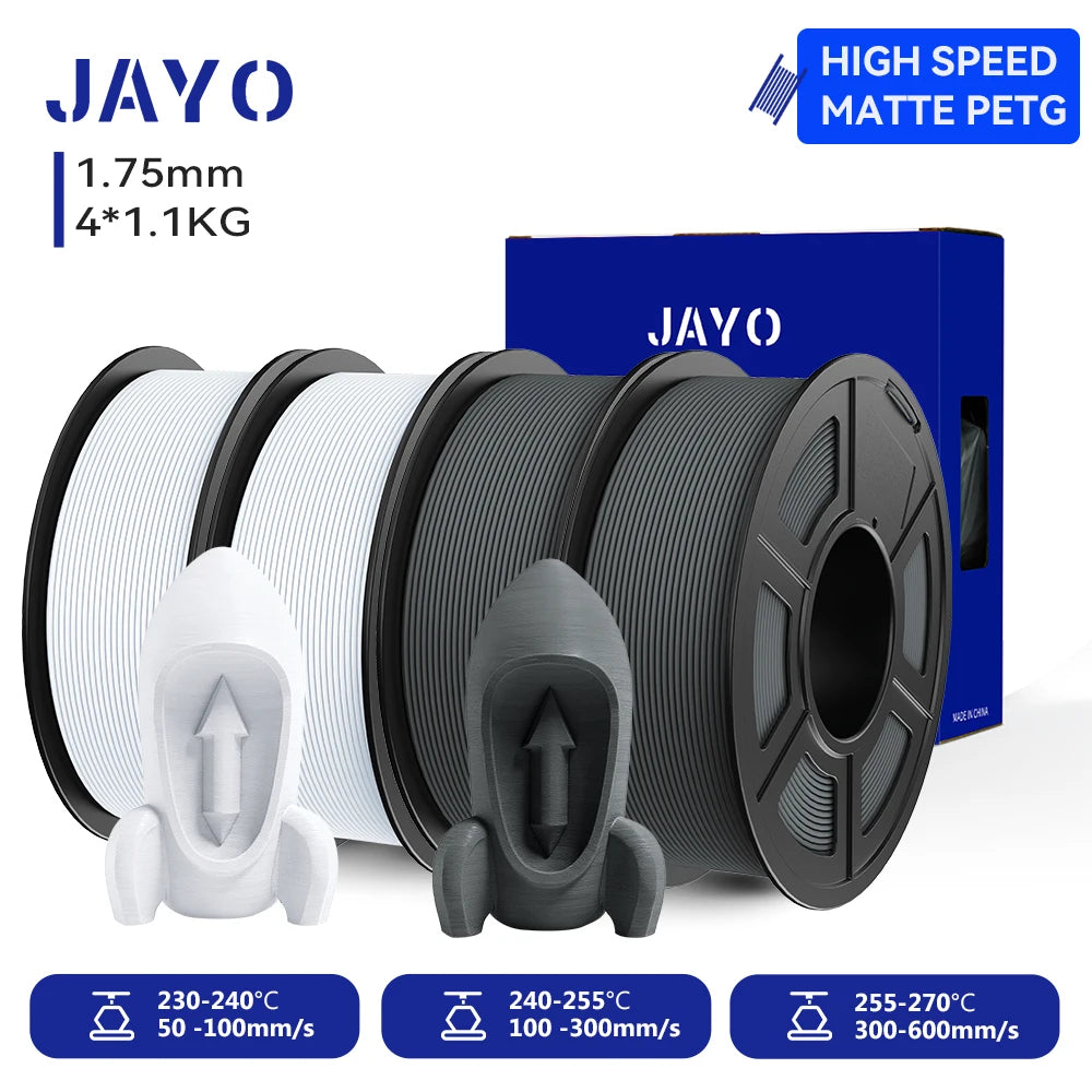 JAYO 4Rolls 3D High Speed Matte PETG 3D Filament 1.75mm 30mm/s - 600mm/s Print Range High Flow Speedy PETG 3D Printer Filament